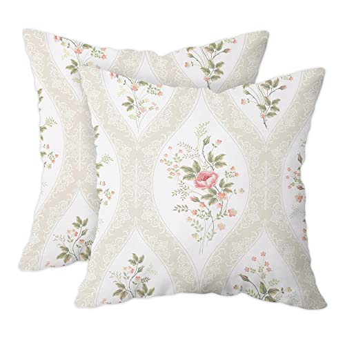 Asuexpect Floral Pillow Covers Shabby Chic Pink Rose Flowers Leaf Throw Pillow Cases Vintage Couch Cushion Cover For Bedroom Living Room, 18" X 18", Set Of 2 #TOP3