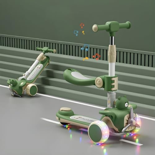 Image of 2-in-1 Modernistic Kick Scooter for 3-10 Years Old Kids | 3-Level Height Adjustable Handlebar | Music & PU LED Flashing Wheels | Foldable and Lightweight (KS-213 Forest Green)