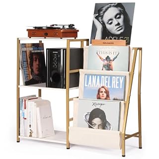 Stand for Record Player, 3 Tier Vinyl Record Storage with Now Playing Holder, Turntable Stand, Vinyl Display with Speaker Storage for Living Room, Gold White - Les Beatles, Paul McCartney, John Lennon, RIngo Starr, George Harrison