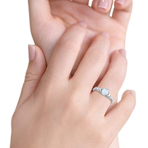 Lab Created White Opal Size-7 Claddagh Accent Wedding Ring Heart Shape Round Simulated Cubic Zirconia 925 Sterling Silver #TOP5
