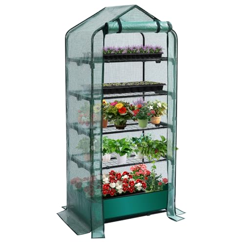 Mini Greenhouse for Indoor Outdoor, 5 Tier Shelves Rack Small Green House Heavy Duty with Waterproof Mat, Portable Plants Seedling Supplies Durable PE Plastic Cover with Tape, Gardening Gifts