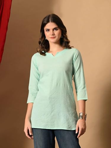 Image of Amazon Brand - Tavasya Women Pure Cotton Katha Plain Short Regular Fit Kurti |Short Top| Solid Casual Tunic