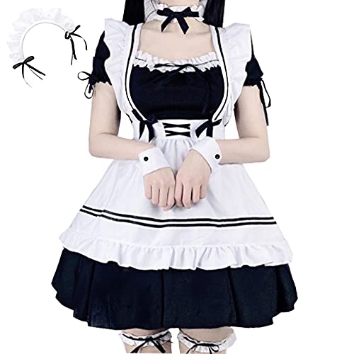 Women's Japanese Anime Maid Cosplay Classic Fancy Apron Maid Dress with Socks(L, Black maid outfit)