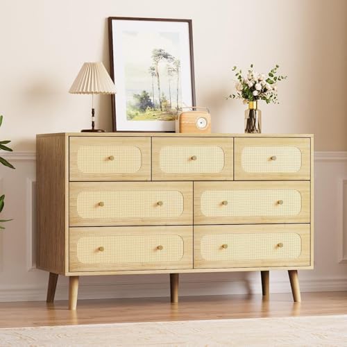 Image of Wananlanen® Rattan Dresser for Bedroom 7 Drawer, Natural Rattan Boho Dresser for Bedroom, Storage Organizer for Closet for Bedroom