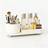 Lacusmall 360° Drehbar Make up Organisator, 2-in-1 Kosmetischer Organizer,Multifunktionale Kosmetikaufbewahrung für Frisiertisch, Bad und Schlafzimmer(Creme)