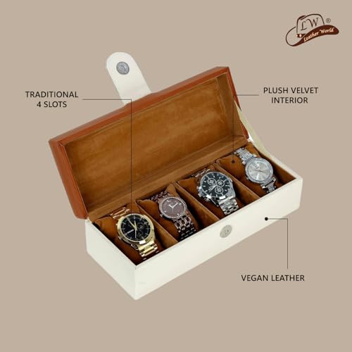 Image of Leather World Faux Leather Watch Box Organizer For Men & Women - Wrist Watch Box Holder 4 Slots - Removable Watch Pillows Display Case - Gift for Loved Ones