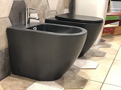 Coppia Sanitari A Terra Colore Nero Opaco Vaso Con Coprivaso SOFT-CLOSE + Bidet Serie Tonda Curva Tecnica E Fissaggi Inclusi - 4