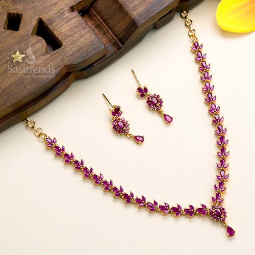 Image of Sasitrends Micro Gold Plated American Diamond Ruby stone Studded Jewellery Set