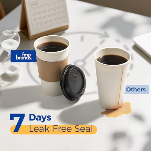 Fit Meal Prep 100 Pack 16 oz Disposable Coffee Cups with Lids, Sleeves, Leak-Proof To Go Coffee Cups with Lids, Durable Paper Cups for Hot Cocoa and Coffee Bar Supplies