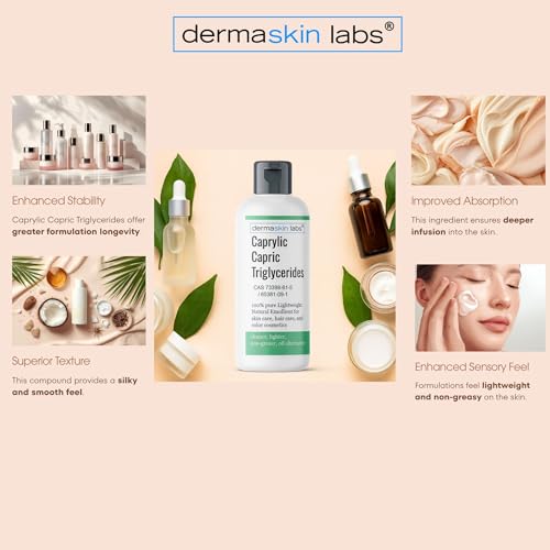 Dermaskin Labs Caprylic Capric Triglycerides Cosmetic Grade Lightweight Natural Emollient from Coconut Oil Ultra Purified MCT Oil DIY Non-Greasy Moisturizer Base for Creams, Lotions, Serums, Hair, Body Oils