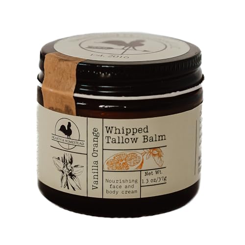 Hearth and Homestead: Handmade Whipped Tallow Balm (Vanilla Orange) - Organic Body Butter with Infused Olive Oil, for Eczema, Rosacea, Baby - 1.3 oz