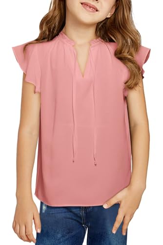 Image of DOKOTOO KIDS Girls Short Sleeve Blouse Dress Shirt Top Size 7-15 Years Old | None Elastic Fabric, Ruffle V Neck, Pull on, Solid Collared Formal, Flowy Casual Flutter Spring Summer Western Top