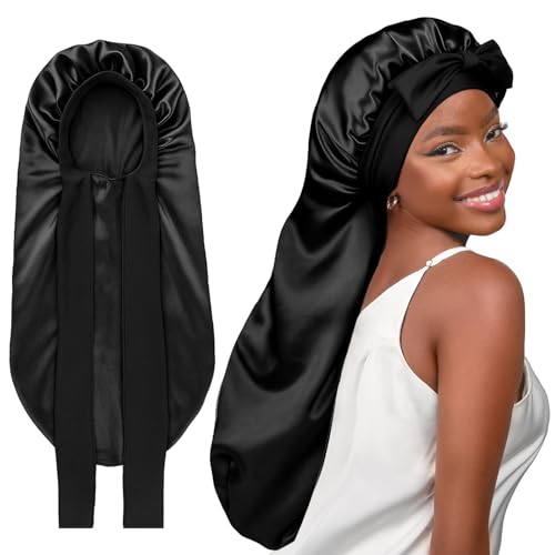 YANIBEST Long Bonnet Satin Bonnet for Sleeping Braid Bonnet with Tie Band Silk Sleep Bonnet for Women Locs Black