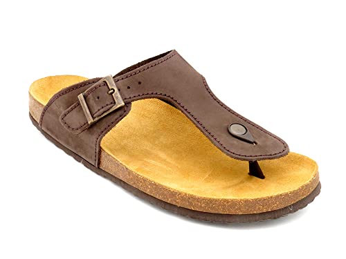Morxiva Herren Pantoletten Leder Sandalen Zehentrenner Nubuk Hausschuhe mit Korksohle und Echtleder Fußbett Braun EU 47