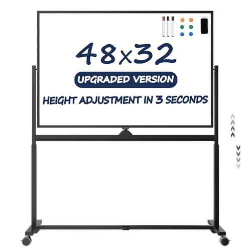 Image of Large Dry-Erase Rolling Magnetic Whiteboard - TSJ OFFICE 48 x 32 Inches Dry Erase Board with Stand Height Adjust Double Sides Mobile White Board Easel on Wheels Office, Home & Classroom