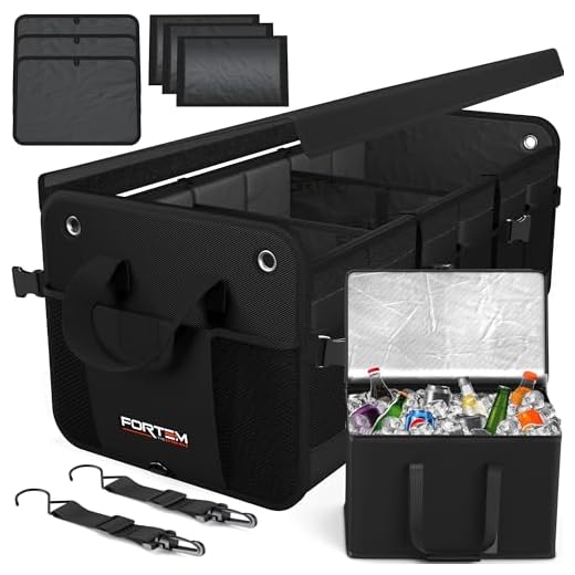 FORTEM SUV Trunk Organizer with Cooler, Car Organizer, Collapsible Multi-Compartment Storage Bag for Car Accessories for Women Men, 1680D Oxford, Non Slip Bottom, Adjustable Straps Soft Cover (110L)