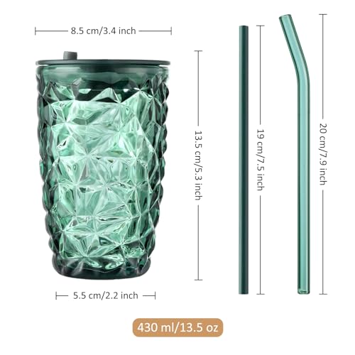 Joeyan 430ml Glass Tumbler with Straw and Lid Set of 2, Green Crystal Ribbed Glass Cup Drinking Glasses for Iced Coffee Smoothie Juice Beverages, Portable Drinking Jar, Dishwasher Safe - Image 6