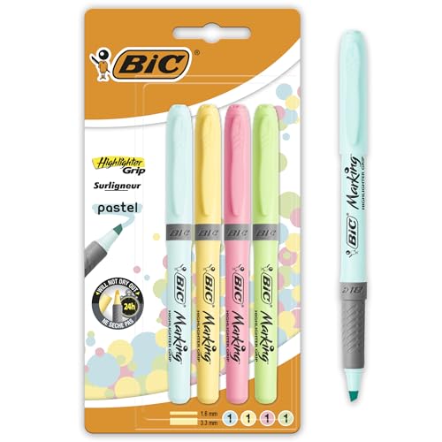 BIC Intensity, Highlighter Grip, Evidenziatori Pastello Colorati, Tecnologia Anti-Essicazione e Punta a Scalpello, 4 Unità, Cancelleria Scuola