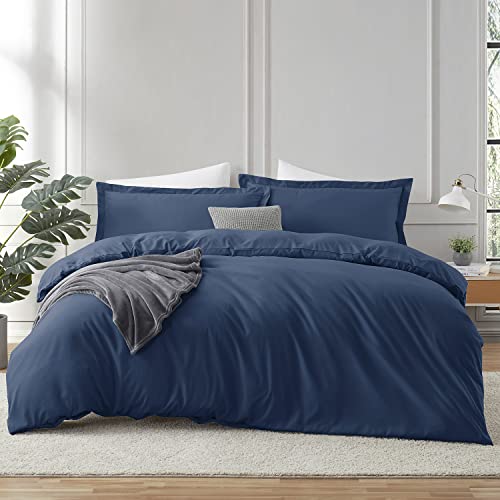 Image of Hearth & Harbor Navy Blue Duvet Cover Cal King Size, 3 Piece Bedding Set | Soft Double Brushed Bedding Set, Button Closure, 1 Duvet Cover 104x98 Inches, 2 Pillow Shams