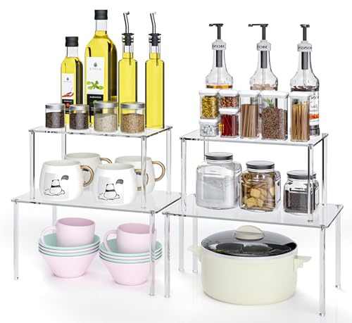 Jusalpha Acrylic Riser Stand Cabinet Organizer, Spice Rack Organizer, Desk Countertop Shelf, Pantry Kitchen Storage, Stackable Shelves for House Organization (Set of 4)
