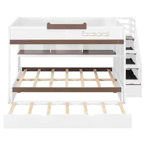 Image of Merax Full Over Full Wood Bunk Bed with Twin Size Trundle with Stairs & Hidden Storage & Shelves, Built-in 3-in-1 LED Lights, Multi-Level Storage Hub, Space-Saving Bedroom Furniture, White+Brown