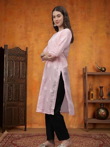 Image of Seva Chikan Hand Embroidered Lucknowi Chikankari Appricoat Peach Terivoil Cotton Kurta for Women SCL4603