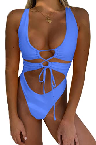 CHYRII Women's Sexy Cutout Lace Up Backless High Cut One Piece Swimsuit Monokini Indigo Blue M