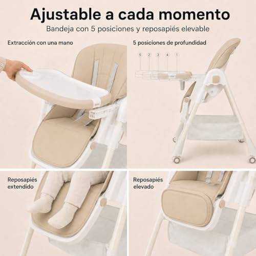 Miniatura 4 de Almar Baby Trona De Bebe Evolutiva Beige Silla De Bebe Hasta Niño 50 Kilos, Plegable, Elevable Y Reclinable Con Bandeja Extraible