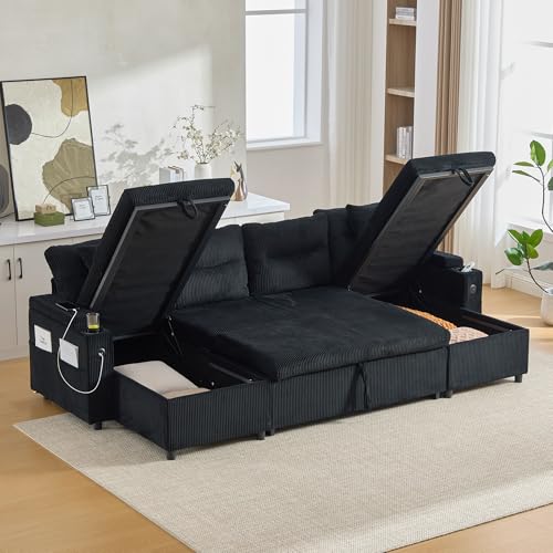 Sapgaks Canapé Convertible 4 Places avec Porte-gobelets,Ports USB,Rangement intégré,canapé d'angle Convertible en U avec méridiennes Double Face,canapé lit Moderne en Velours côtelé(I-Noir)