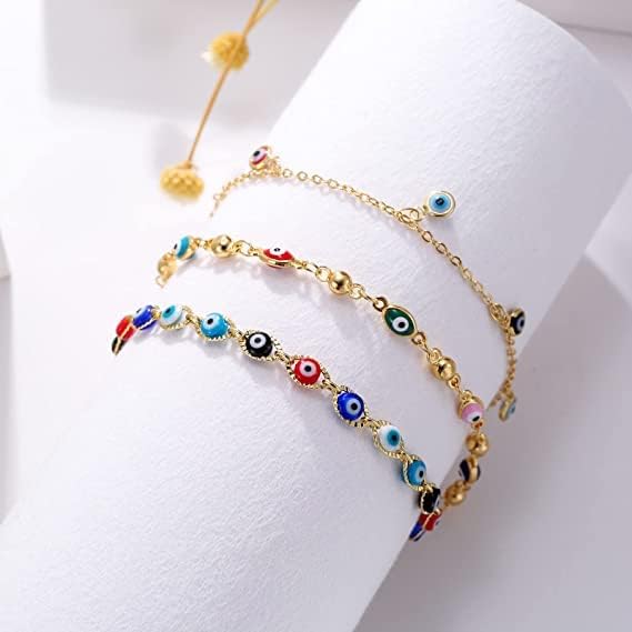 DI QIU REN Evil Eyes Bracelet for Women 14 Gold Plated Handmade Adjustable Beaded Chain Bracelet Pack