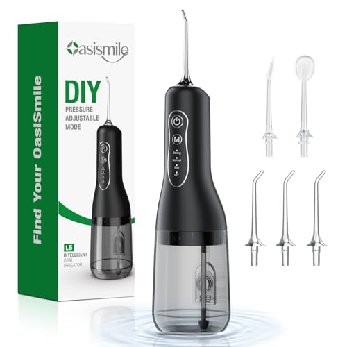 Irrigador Bucal Portátil Inalámbrico 300ml, OasiSmile Irrigador Dental Eléctrico con 5 Boquillas, 4 Modos + Modo DIY Ajustable, Memoria Inteligente, IPX7 Impermeable, USB-C Recargable, Casa y Viaje