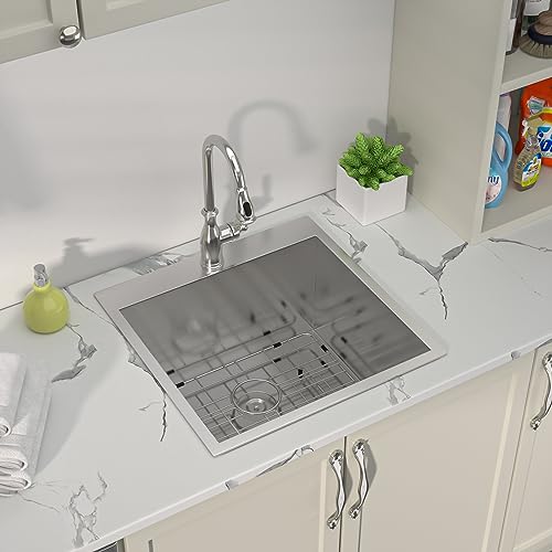 Sarlai 22 Inch Laundry Sink Drop In - 12 Inch Deep Utility Laundry Sink Drop In Topmount Single Bowl 16 Gauge Stainless Steel Kitchen Sinks Basin for Utility Room 22\"x 22\" x 12\"