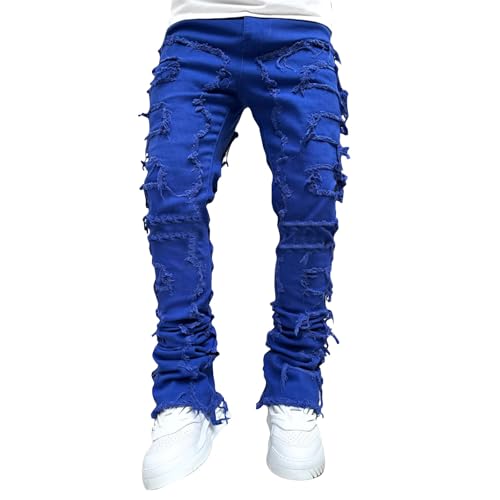 Men’s Distressed Skinny Fit Jeans with Ripped Detailing Fashionable Casual Stretch Denim Pants for Streetwear Style Blue