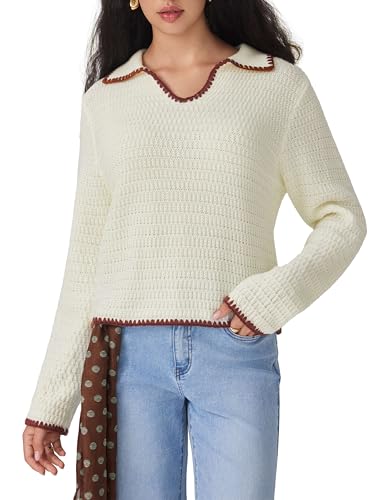 CIDER Sweaters for Women Trendy Color Trim Cute Long Sleeve V Neck Collared Knit Pullover Sweater Tops Fall Outfits2