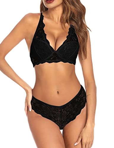 Avidlove Damen Dessous Unterwäsche BH und Slip Spitzen Reizwäsche Sexy Mesh Futter Neckholder Nachtwäsche Babydoll Bügellos Bra Set Schwarz XL Cover