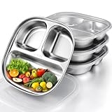 Palksky Platos de acero inoxidable para niños, paquete de 4 platos de control de porciones para niños pequeños con tapas, platos de metal para almuerzo, platos divididos para adultos, pérdida de peso