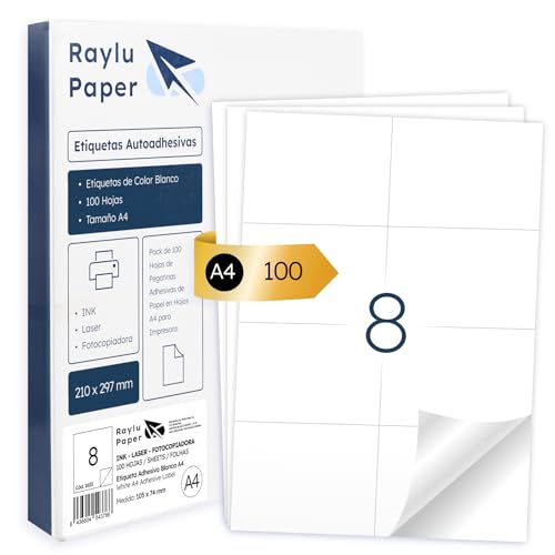 Raylu Paper® - Etiquetas Autoadhesivas A4 Blanco para Imprimir | 100 Hojas de Papel Adhesivo, Compatibles con Impresora Inkjet, Láser y Fotocopiadora | 8 Pegatinas Adhesivas (105 x 74mm)