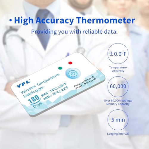 Image of YFL Wireless Temperature Data Logger Reusable Temperature Sensor USB-Free Thermometer Recorder High Accuracy Thermometer with PDF Reports 180 Days Low Temperature Monitor Indoor Outdoor-1 Pack