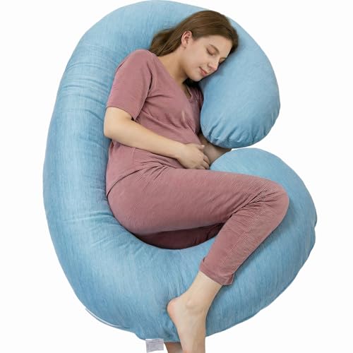 Image of 1 MIDDLE ONE Pregnancy Pillow, C Shaped Full Body Pillow for Maternity Support, Pregnant Women Sleeping Pillow with Cover (Cooling Blue)