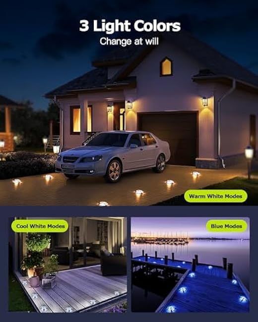 Solar Driveway Deck Lights 12 Pack, 3 Color Modes Solar Dock Driveway Marker Lights Outdoor Waterproof IP68 for Marina, Step, Sidewalk, Pathway, Patio, Garden(Warm White & Cool White & Blue)