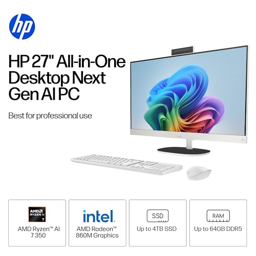 Image of HP 27 inch All-in-One Touchscreen Desktop Computer PC, AMD Ryzen AI 7 350(up to 5.0 GHz), 64GB DDR5-5600MHz, 4TB SSD, FHD IPS Display, Windows 11 Pro, BT 5.4, KB & Mouse, Accessories