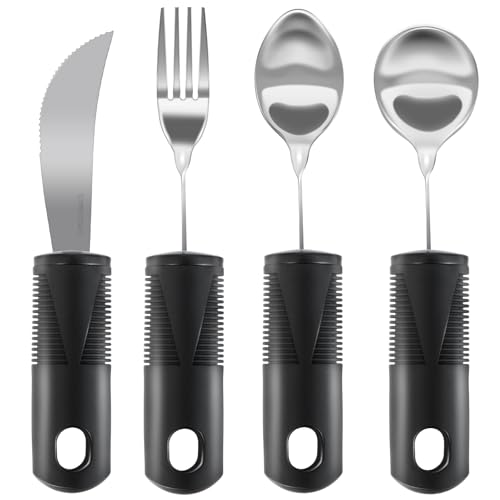 Bendable Adaptive Utensils, 4-Piece Heavy Duty, Stainless Steel Fork, Knife, and Spoon Adaptive Utensils Enhanced Stability While Eating for Elderly, Hand Tremors and Parkinson's Patients (Black)