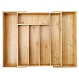 MASS DYNAMIC Cutlery Drawer Organiser, Expandable Bamboo Cutlery Tray for Kitchen Utensil, Adjustable Silverware and Flatware Holder, 7 Slots Storage for Spoons Forks Knives - Image 1