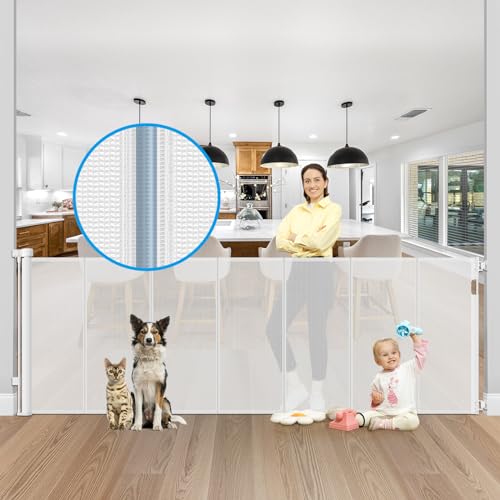 Image of Reinforced 42" Tall X 120" Extra Wide Retractable Baby Gate Extra Long Baby Gates for Large Openings Prevent Kids and Pets from Jumping Over Retractable Pet Gate Reinforced Puppy Gates for Dogs, White