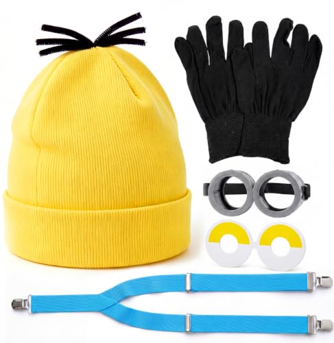 4PCS Halloween Costume Accessories Set for Adults Women Men Yellow Beanie Hat Goggles Glasses Blue Suspenders Black Gloves Kids Toddler Boys Girls Cosplay Costume Set for Halloween Party Dress Up