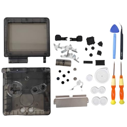 Image of Hzxkqmil Replacement Full Shell Case Kit for Gameboy Advance SP Console | Custom Transparent Housing DIY Clear Cover with Buttons Screws Repair Parts + Screwdrivers Tools for GBA SP (Clear Black)
