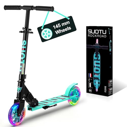 SUOTU Roller Kinder mit 145 mm Rollen, 100 Kg Tragkraft, Scooter mit Leuchtrad für 3-12 Jahren, Zusammenklappbarer, Höhenverstellbarer, Cityroller for Boys and Girls, Aluminium (Schwarz und Blau)