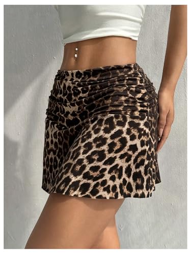 WDIRARA Women's Leopard Print A Line Mini Skirt Low Waisted Ruched Y2K Going Out Short Skirts3