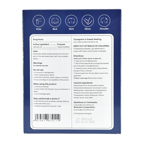 Image of Sumifun 4% Lidocaine Pain Relief Patches 30 Count(Pack of 2) | Maximum Strength Numbing Gel Patch for Back Knee Neck Joint Ache Muscle Soreness Topical Analgesic