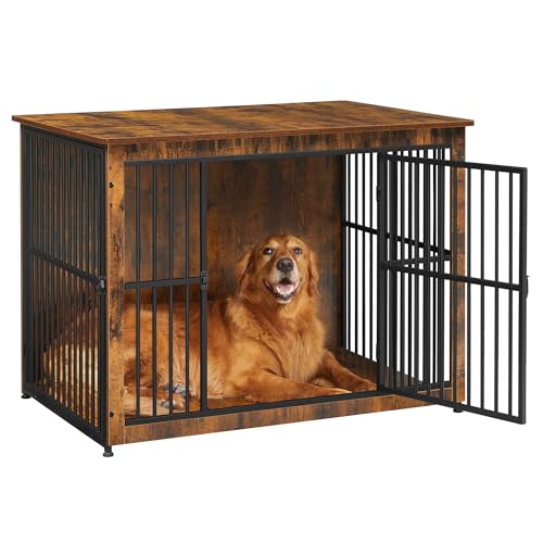 Feandrea Dog Crate Furniture, 43.3" Side End Table, Modern Kennel for Dogs Indoor up to 80 lb, Heavy-Duty Dog Cage with Enclosed Base, Double-Door Dog House, Rustic Brown UPFC024X01 Enclosed